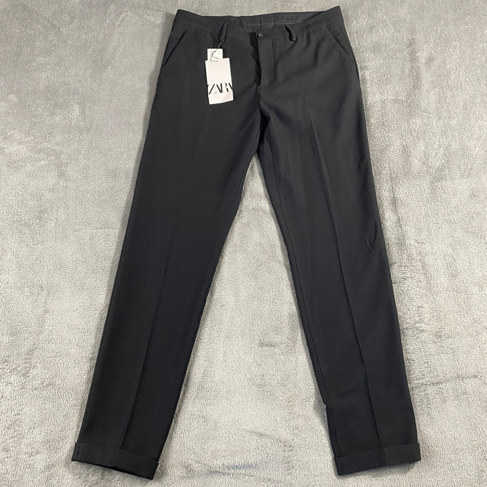 Zara Trousers Mens 30 Black Slim Fit Textured Cuffed Dress Pants Office Wedding